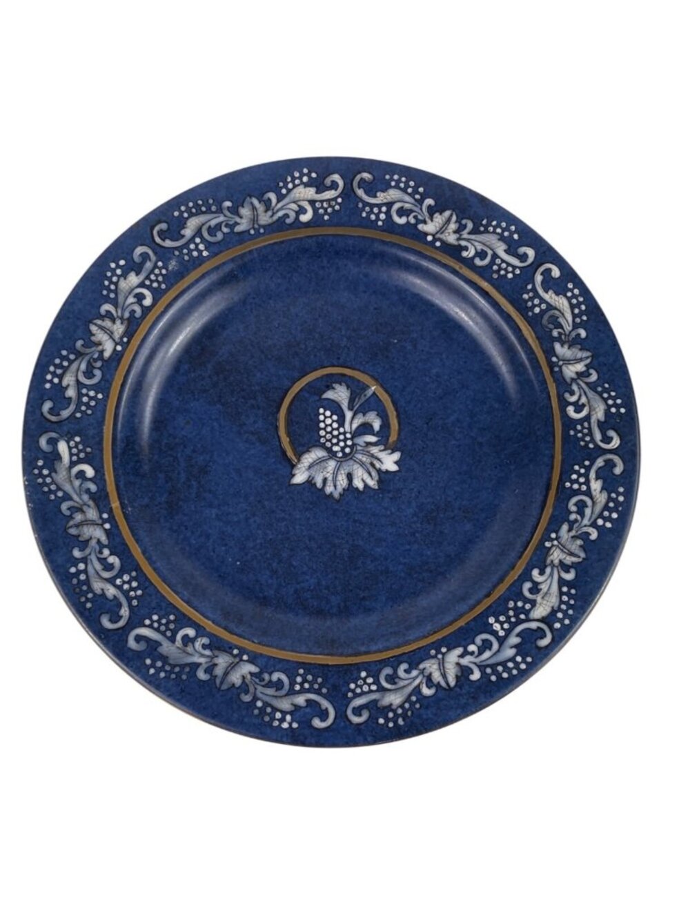 Vintage 10.5" Blue Ceramic Dinner Plate With Gold & White Grape Vine Motif